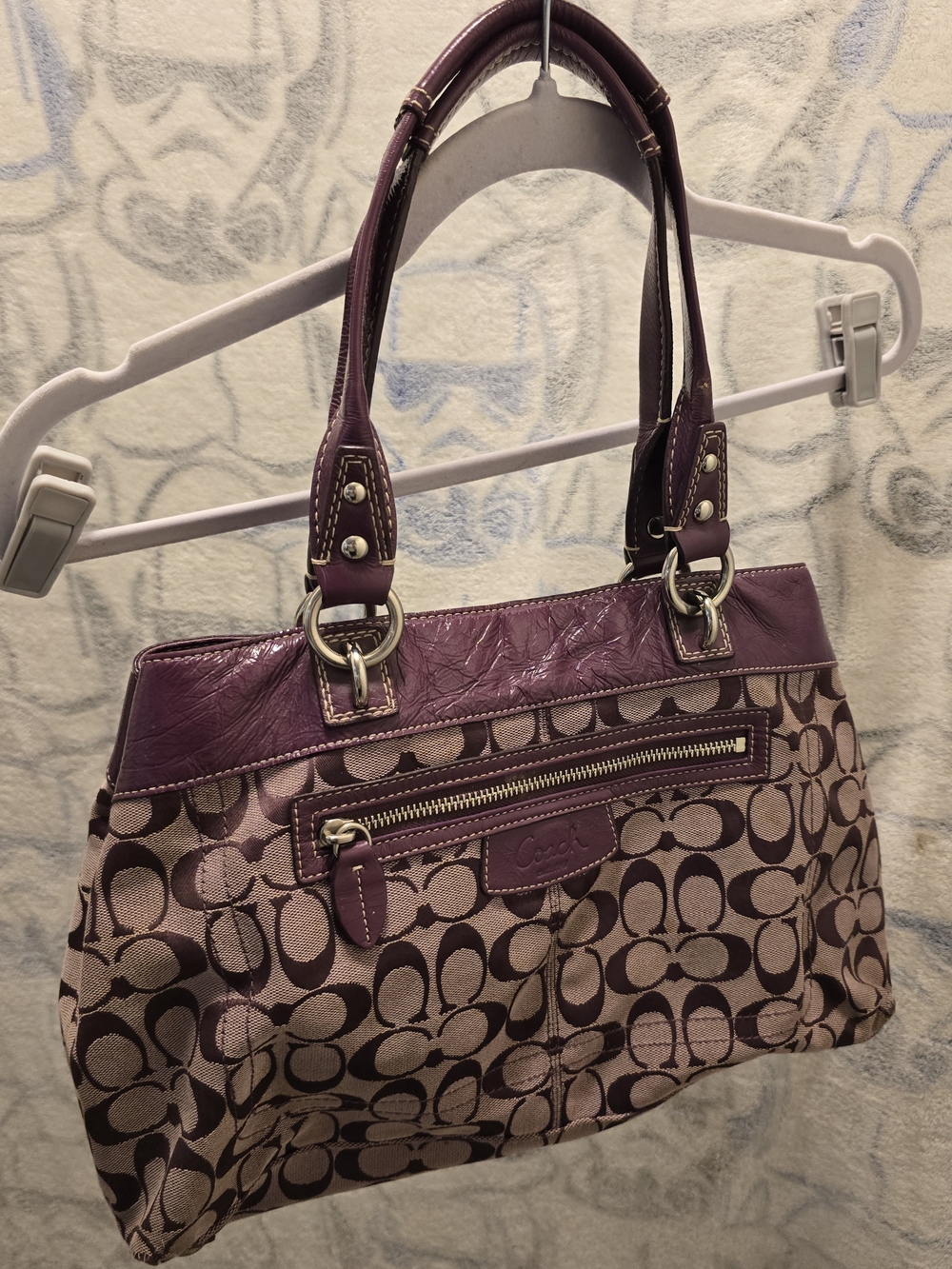 Coach Brown Signature Tote with Purple Leather Trim